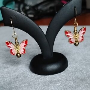 Hand Crafted Red And Pink Gold Butterfly Earrings